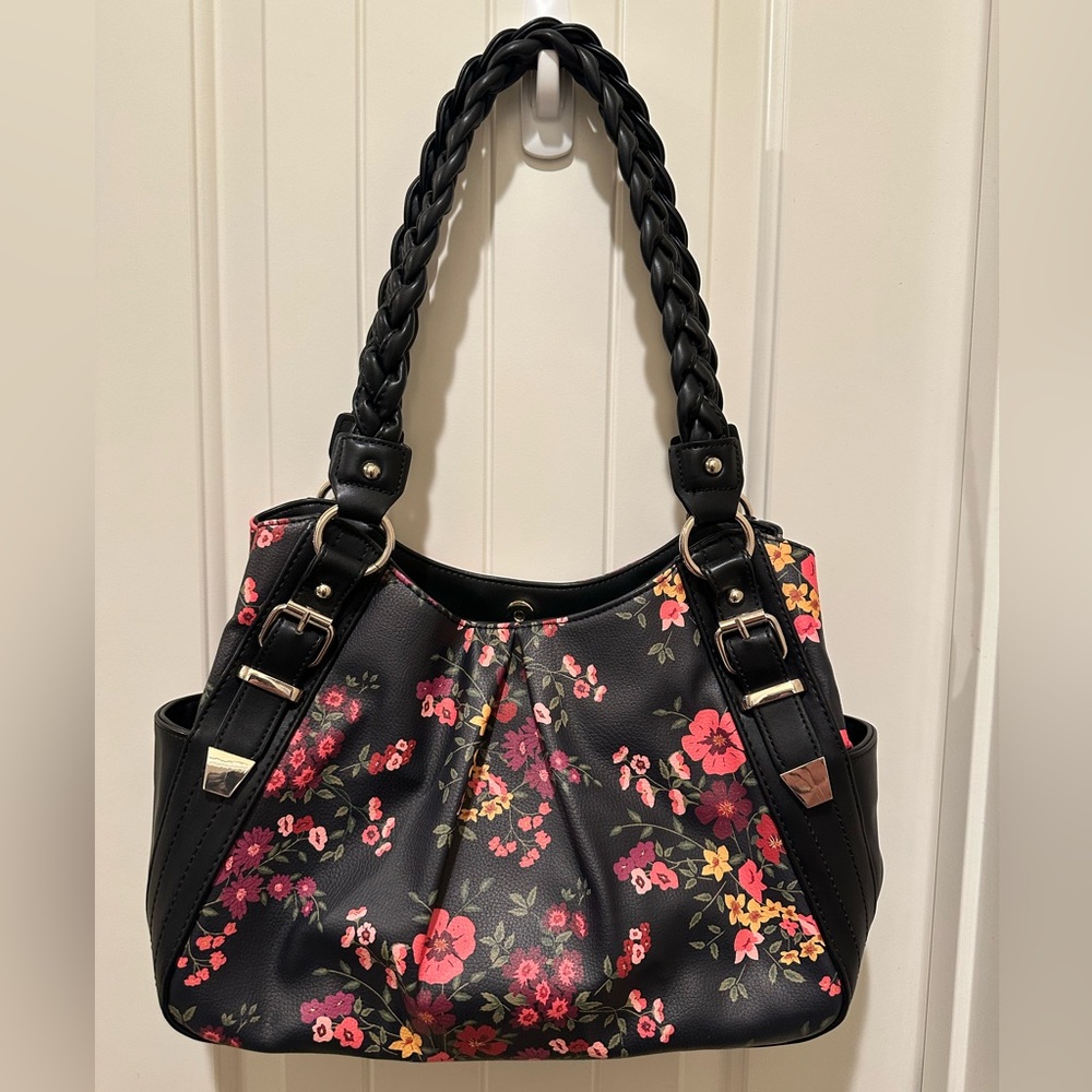 EUC Floral Black Satchel Handbag